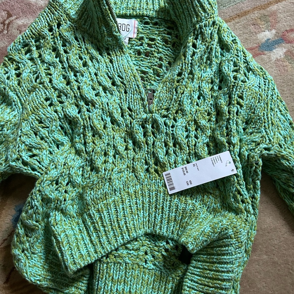 uo cropped knit zip up green cardigan xs